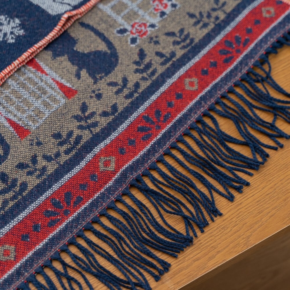 Official Ghibli Kikis Delivery Service 2025 • Blue, Gray Jacquard Stole with Jiji cat - Kamaji Market