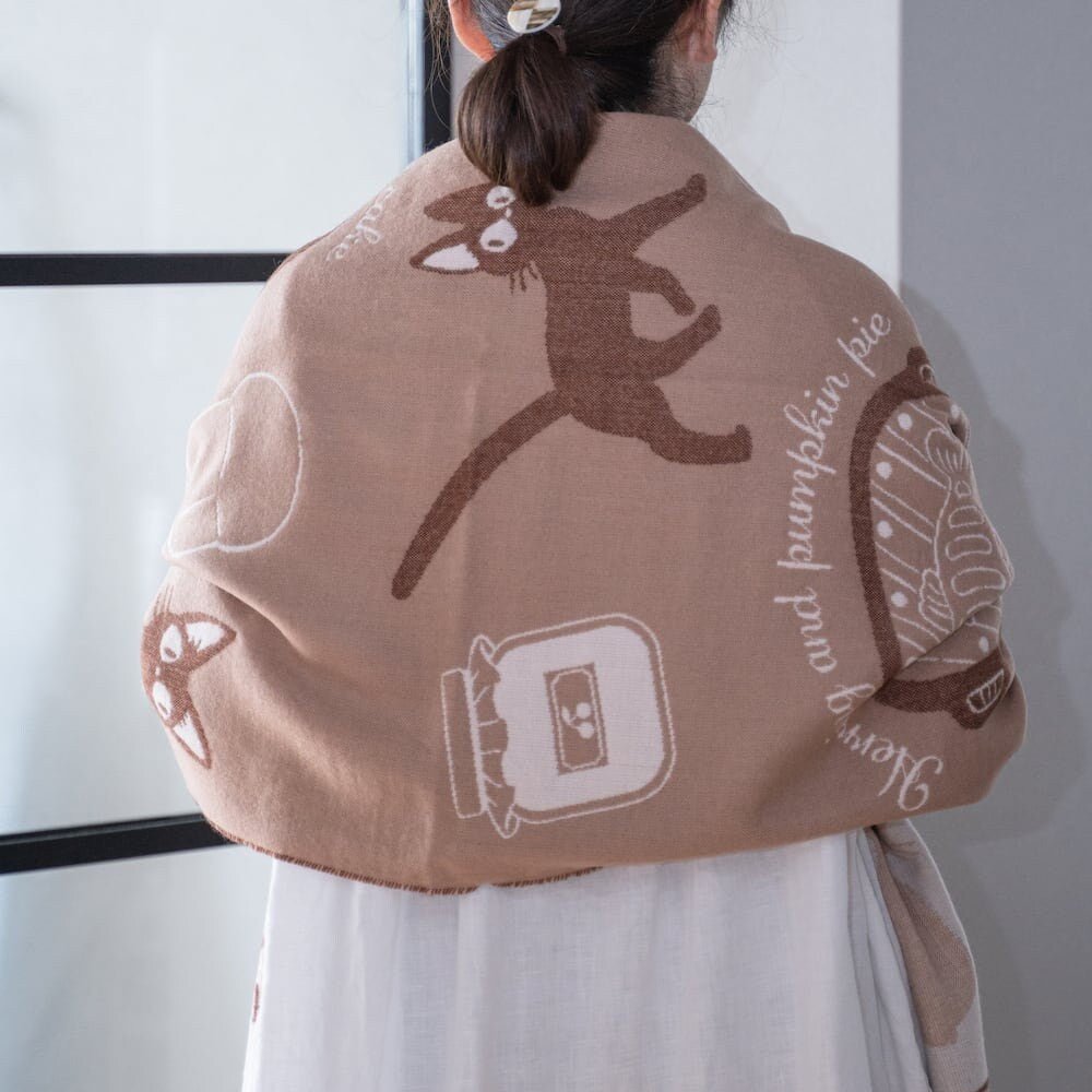 Official Ghibli Kikis Delivery Service Brown Shawl • Jacquard Stole with Jiji cat - Kamaji Market