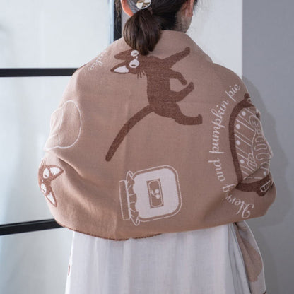 Official Ghibli Kikis Delivery Service Brown Shawl • Jacquard Stole with Jiji cat - Kamaji Market