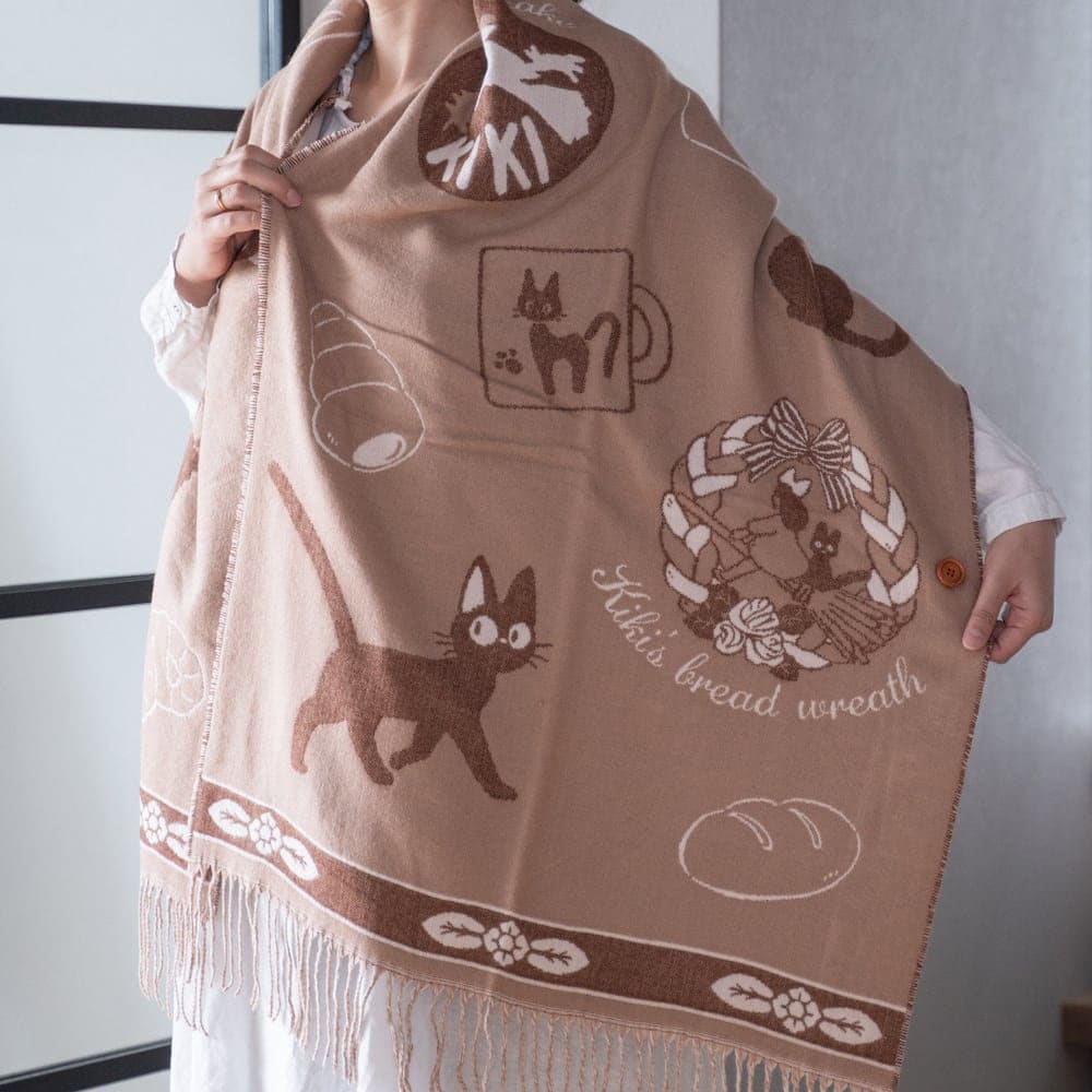 Official Ghibli Kikis Delivery Service Brown Shawl • Jacquard Stole with Jiji cat - Kamaji Market
