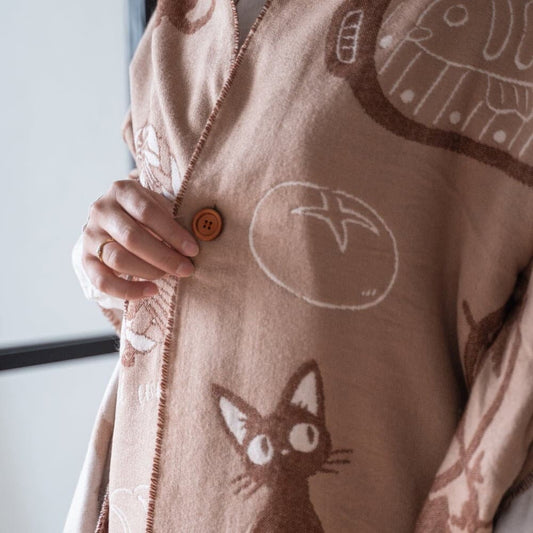 Official Ghibli Kikis Delivery Service Brown Shawl • Jacquard Stole with Jiji cat - Kamaji Market