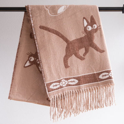 Official Ghibli Kikis Delivery Service Brown Shawl • Jacquard Stole with Jiji cat - Kamaji Market
