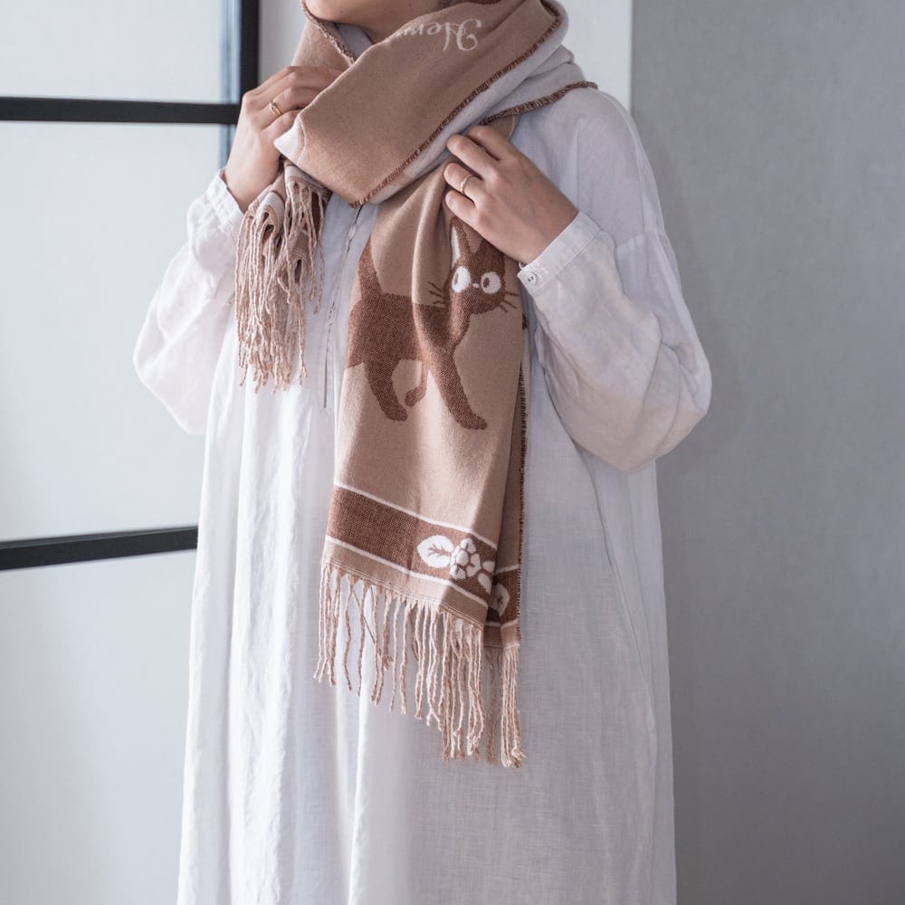 Official Ghibli Kikis Delivery Service Brown Shawl • Jacquard Stole with Jiji cat - Kamaji Market