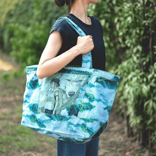 Official Ghibli Mononoke Denim Tote/Shoulder Bag • Princess Mononoke Shopper/Holdall/Large Handbag/Eco Bag • San Anime - Kamaji Market
