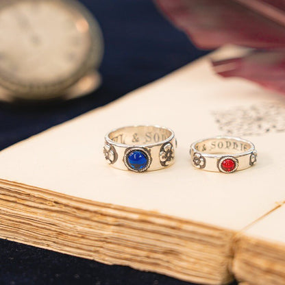 Official Ghibli Museum Silver Howls Ring Set • Howls Moving Castle Engraved Blue/Red Ring in Gift Box • Ghibli Museum Exclusive - Kamaji Market