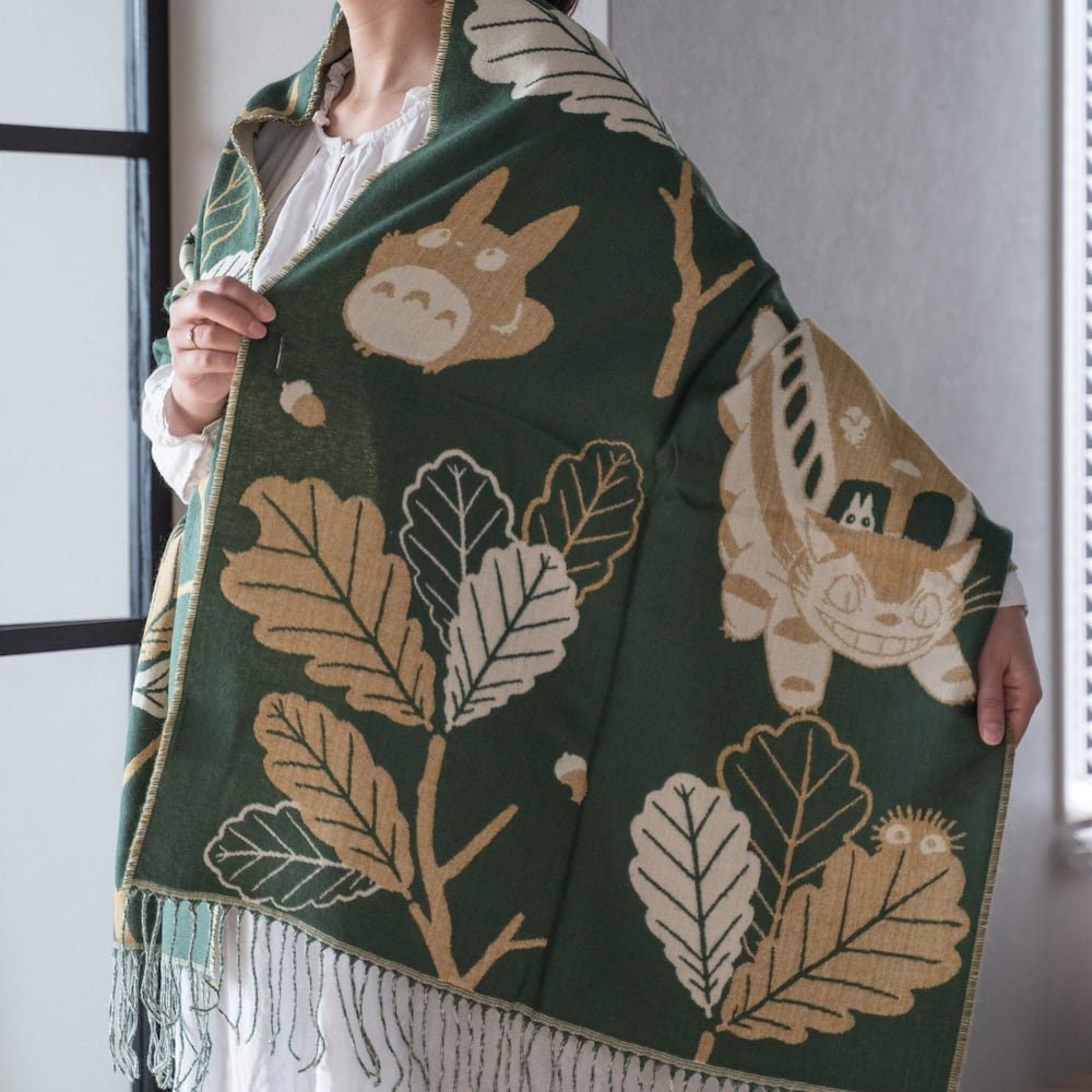 Official Ghibli My Neighbor Totoro Green Shawl • Jacquard Stole with Totoro, Catbus - Kamaji Market