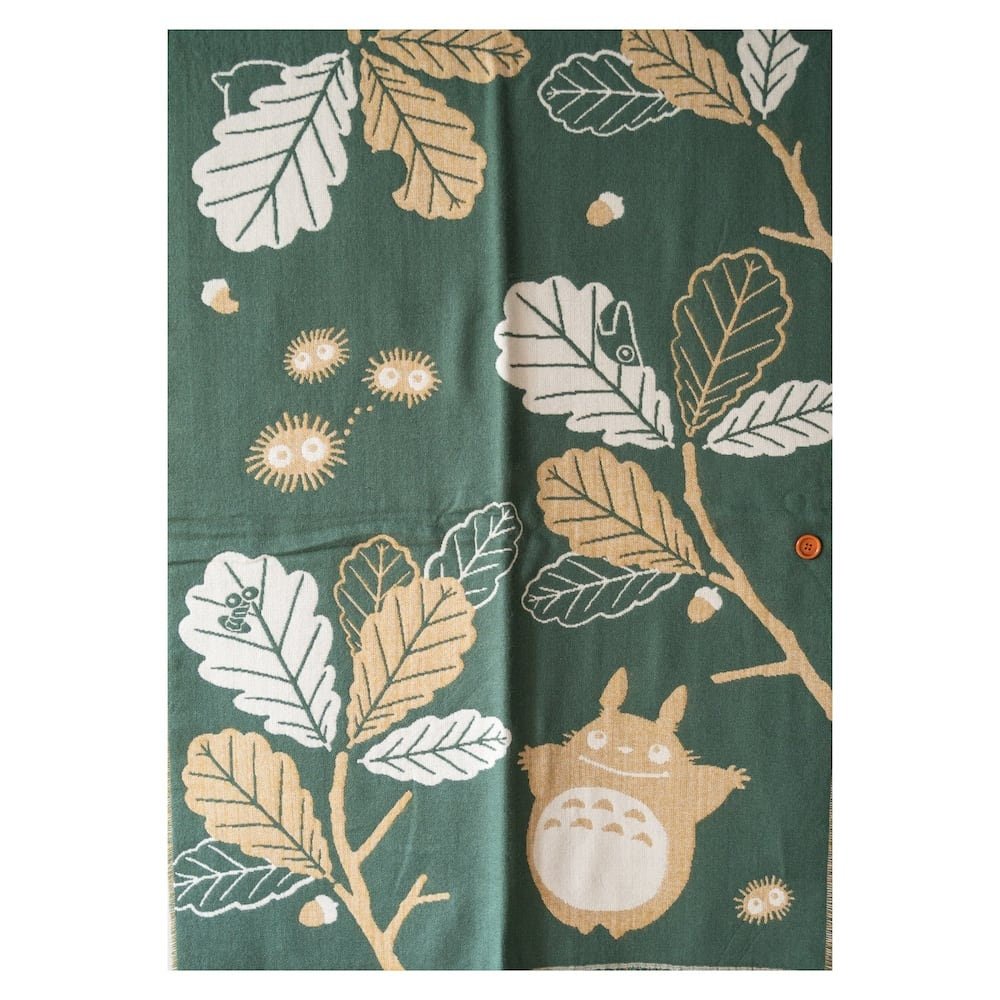 Official Ghibli My Neighbor Totoro Green Shawl • Jacquard Stole with Totoro, Catbus - Kamaji Market