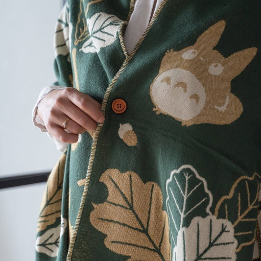 Official Ghibli My Neighbor Totoro Green Shawl • Jacquard Stole with Totoro, Catbus - Kamaji Market