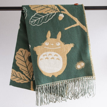Official Ghibli My Neighbor Totoro Green Shawl • Jacquard Stole with Totoro, Catbus - Kamaji Market