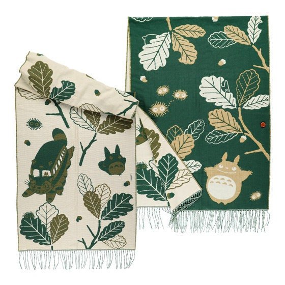 Official Ghibli My Neighbor Totoro Green Shawl • Jacquard Stole with Totoro, Catbus - Kamaji Market