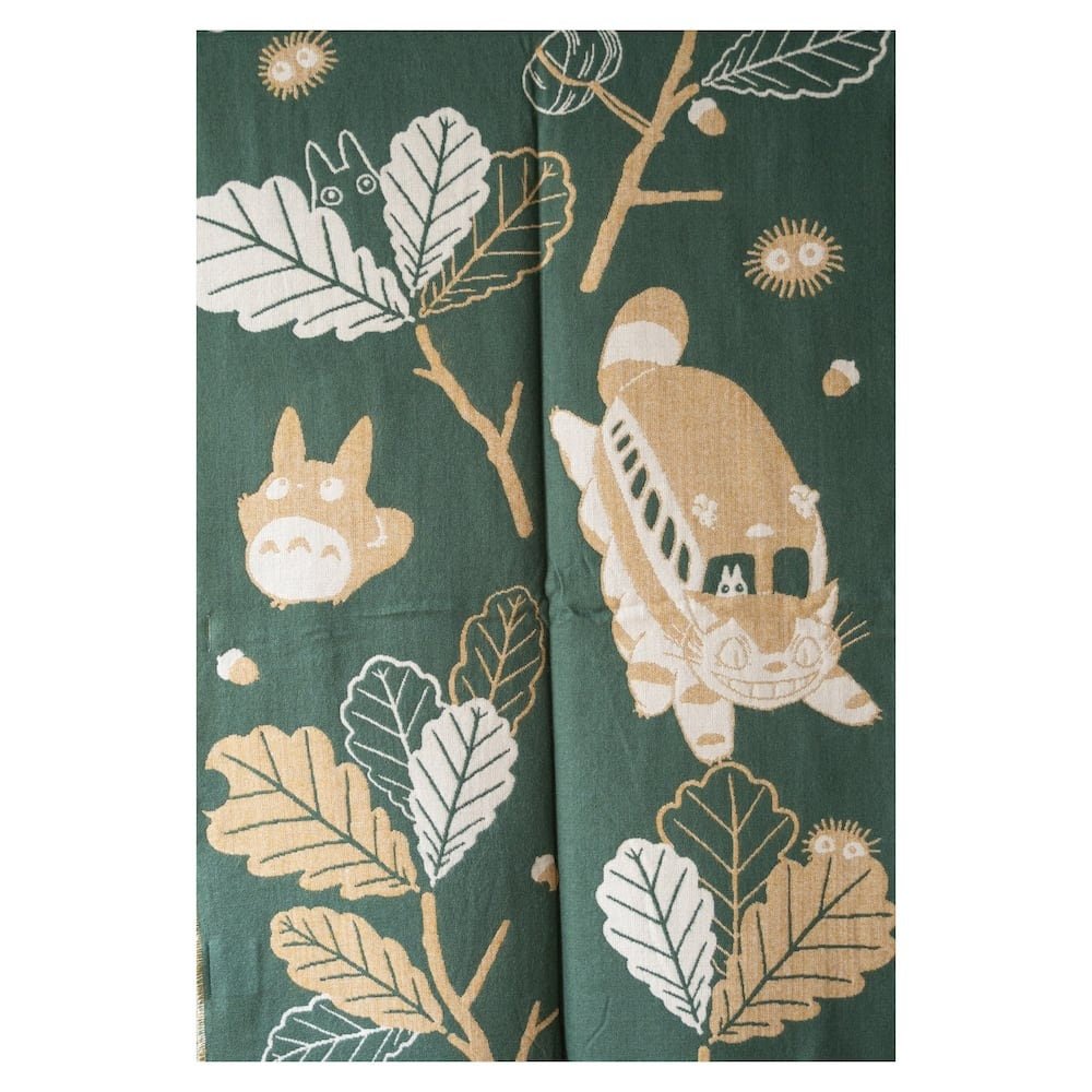 Official Ghibli My Neighbor Totoro Green Shawl • Jacquard Stole with Totoro, Catbus - Kamaji Market
