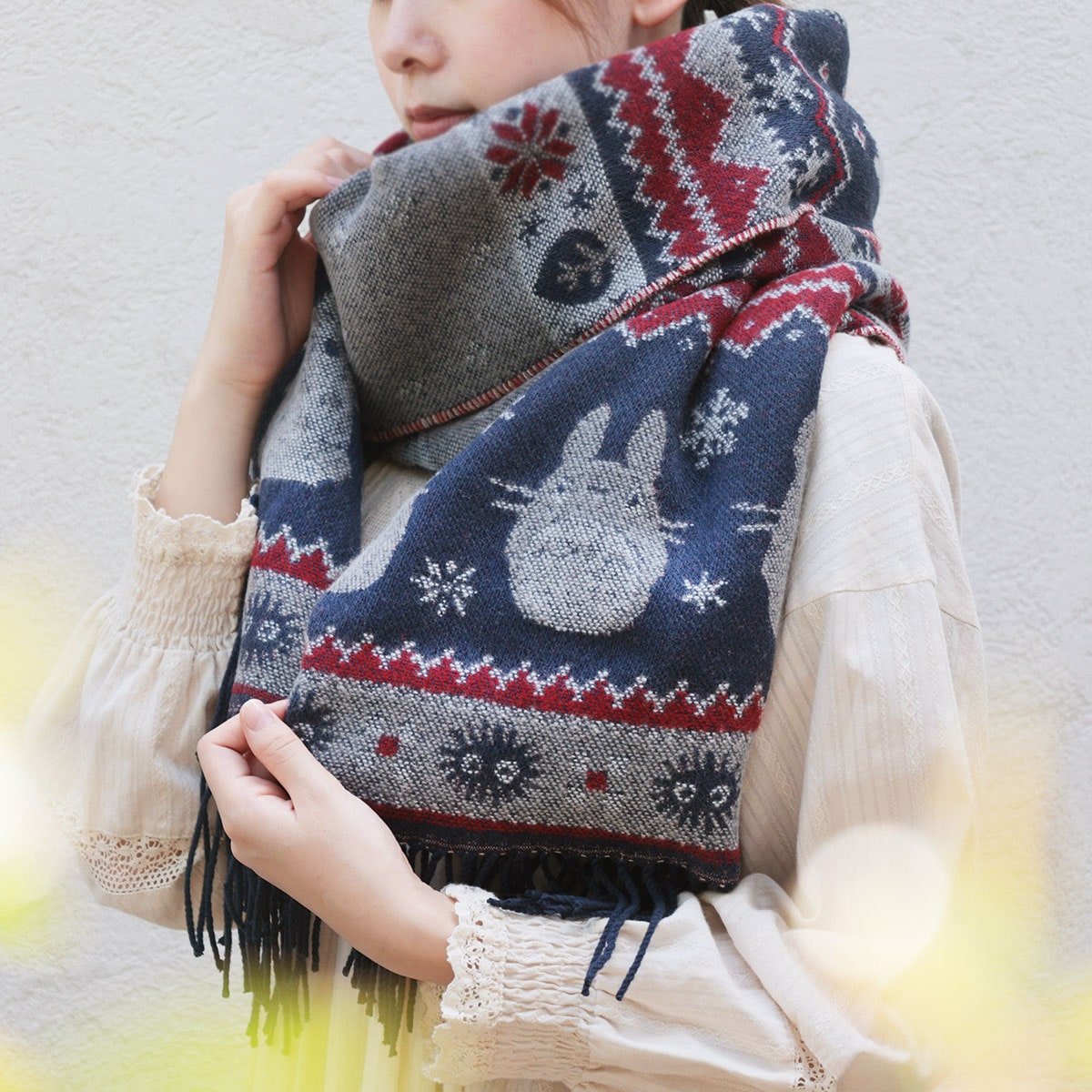 Official Ghibli My Neighbor Totoro Shawl 2025 • Blue, Gray Jacquard Stole with Totoro, Catbus - Kamaji Market