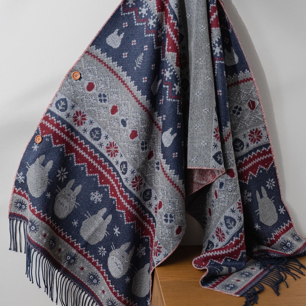 Official Ghibli My Neighbor Totoro Shawl 2025 • Blue, Gray Jacquard Stole with Totoro, Catbus - Kamaji Market