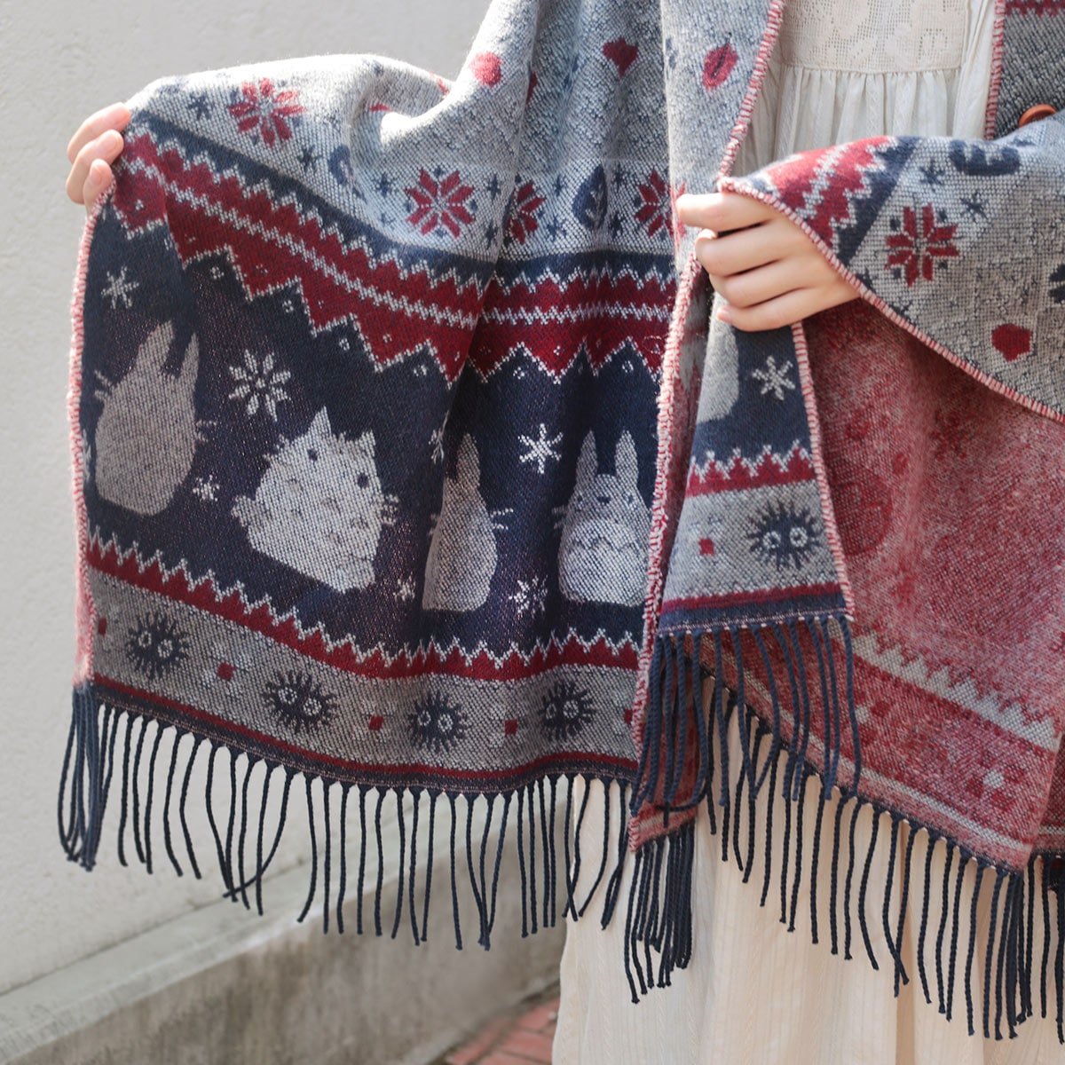 Official Ghibli My Neighbor Totoro Shawl 2025 • Blue, Gray Jacquard Stole with Totoro, Catbus - Kamaji Market