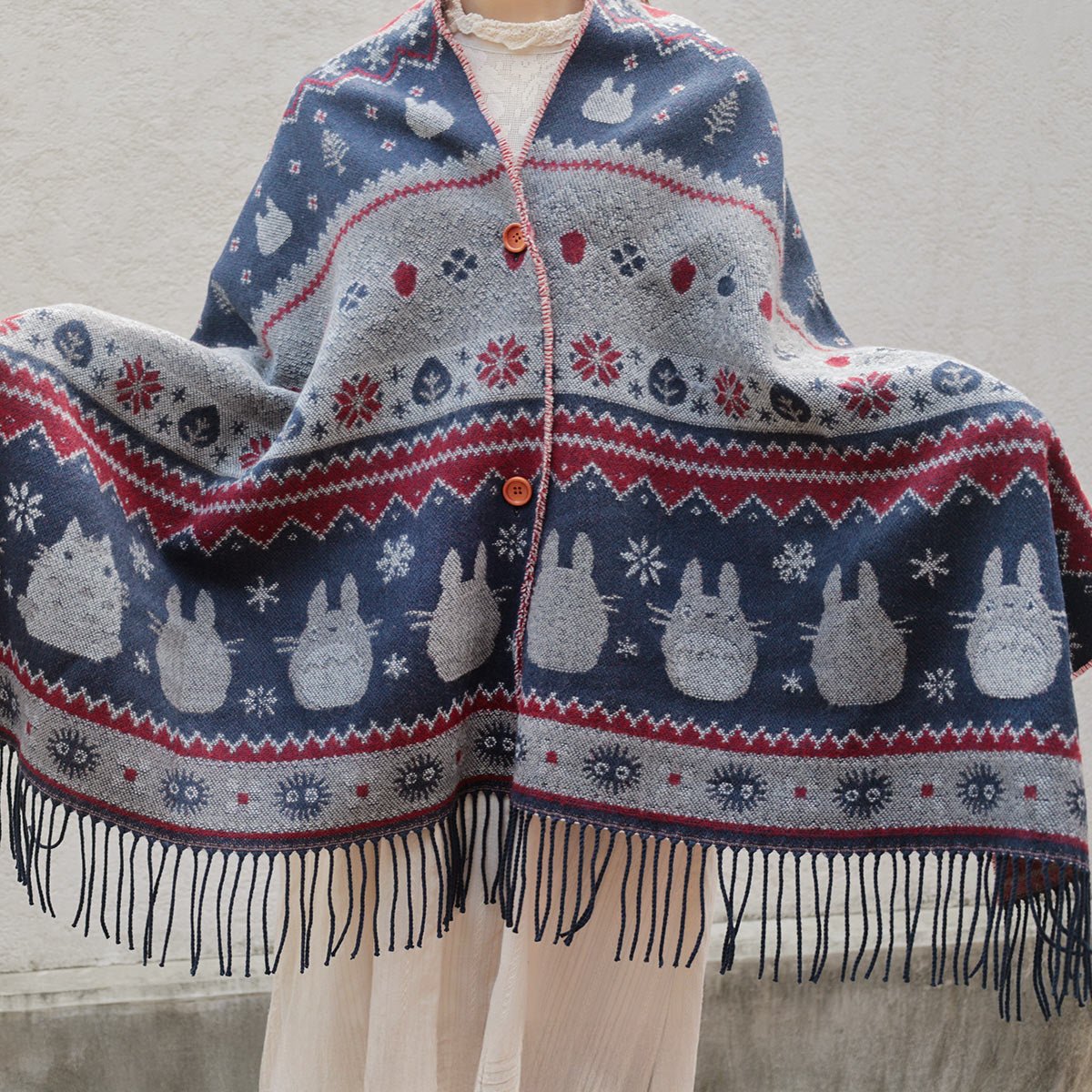 Official Ghibli My Neighbor Totoro Shawl 2025 • Blue, Gray Jacquard Stole with Totoro, Catbus - Kamaji Market