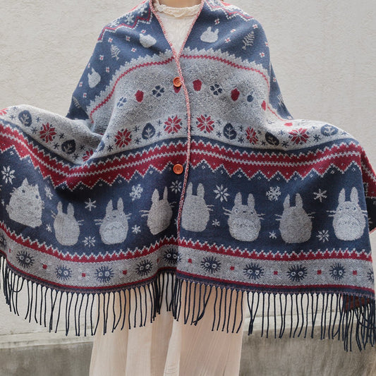 Official Ghibli My Neighbor Totoro Shawl 2025 • Blue, Gray Jacquard Stole with Totoro, Catbus - Kamaji Market