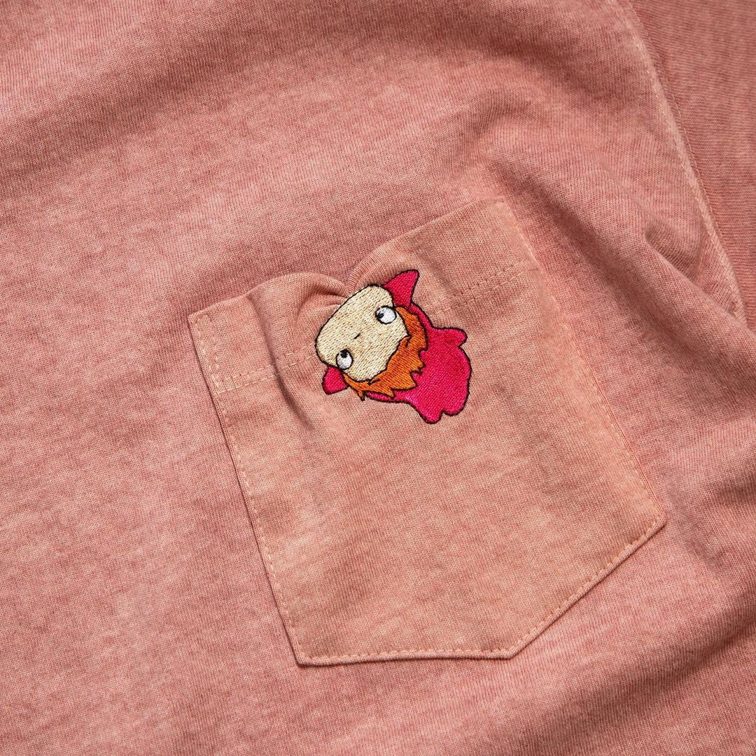 Official Ghibli Ponyo T-shirt Embroided • Ponyo on the Cliff GBL Summer Clothes/Top/Pink Tshirt with Pocket - Kamaji Market