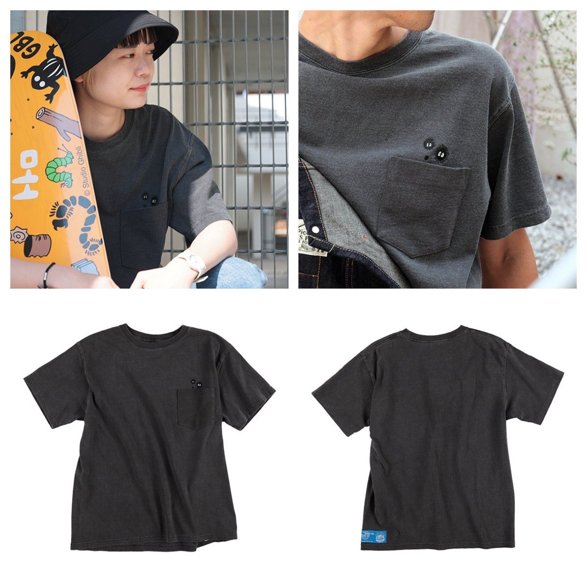 Official Ghibli Totoro T-shirt Embroided • My Neighbor Totoro GBL Summer Clothes/Top/Black Tshirt with Pocket - Kamaji Market