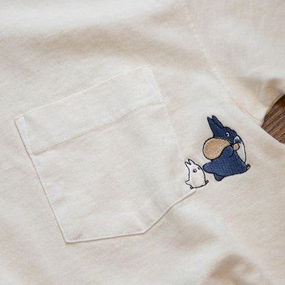 Official Ghibli Totoro T-shirt Embroided • My Neighbor Totoro GBL Summer Clothes/Top/White Tshirt with Pocket - Kamaji Market