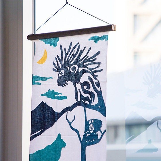 Official Ghibli Wall Hanging Hand - dyed • Mononoke Tenugui/Wall Decor/Tapestry/Interior Decoration • Yakul Forest Spirit - Kamaji Market