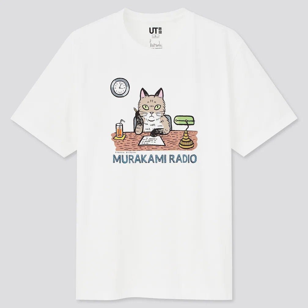 Official Haruki Murakami "Murakami RADIO" White T-shirt • Murakami RADIO UT White Tees with Cat • Japanese Art Merchandise Gift - Kamaji Market