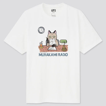 Official Haruki Murakami "Murakami RADIO" White T-shirt • Murakami RADIO UT White Tees with Cat • Japanese Art Merchandise Gift - Kamaji Market
