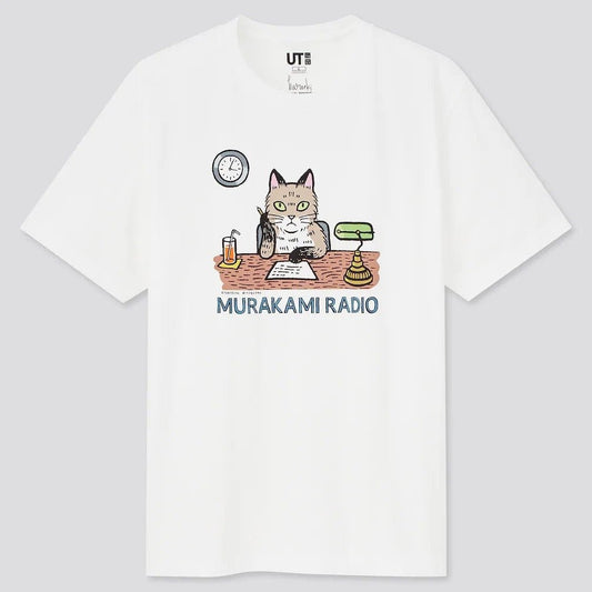 Official Haruki Murakami "Murakami RADIO" White T-shirt • Murakami RADIO UT White Tees with Cat • Japanese Art Merchandise Gift - Kamaji Market