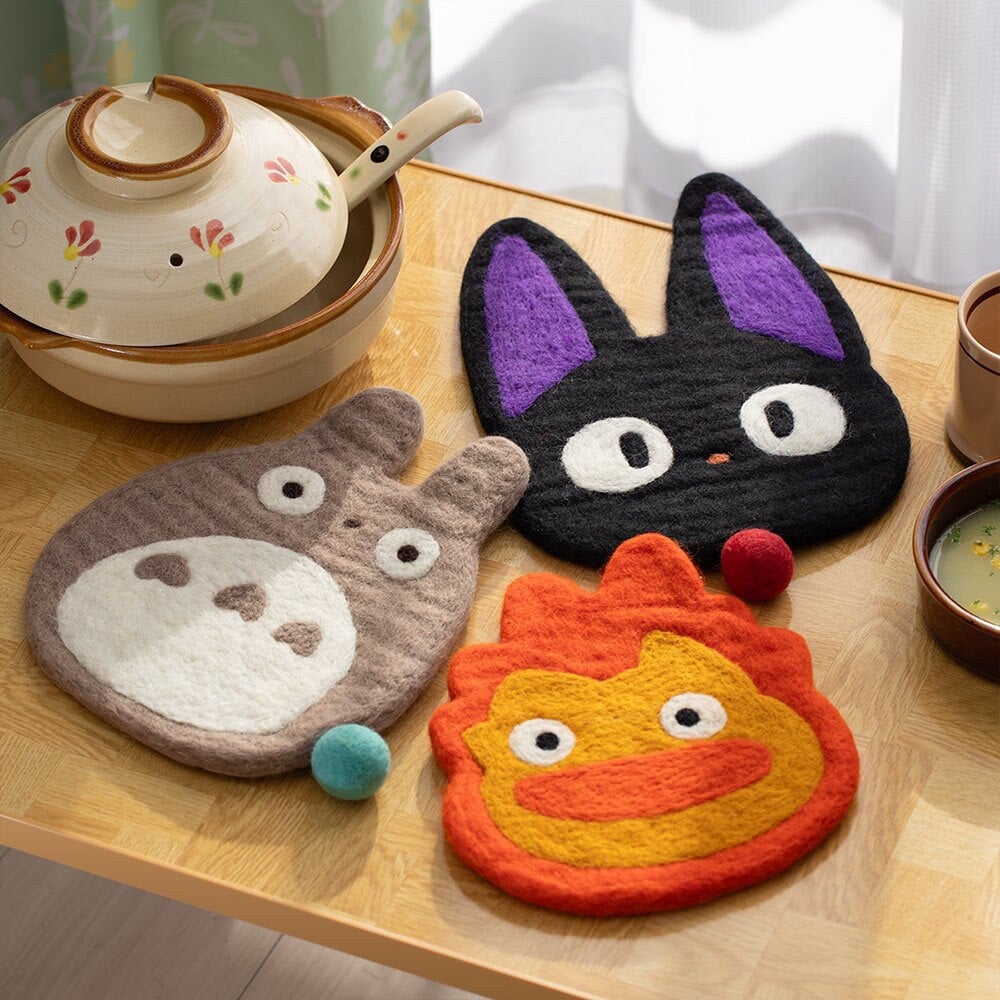 Official Studio Ghibli Handmade Wool Trivet • Totoro, Howl, Kikis Delivery Large Coaster/Place Mat/Pot Mat • Jiji, Calcifer Anime Gift - Kamaji Market