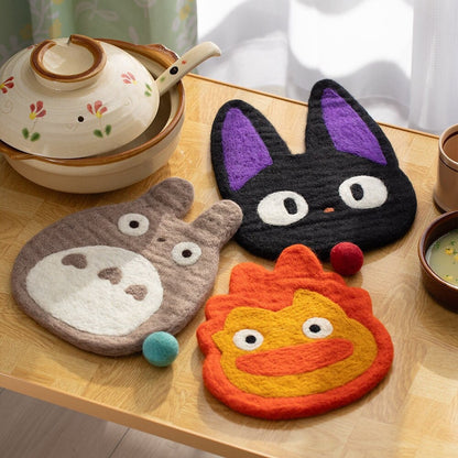 Official Studio Ghibli Handmade Wool Trivet • Totoro, Howl, Kikis Delivery Large Coaster/Place Mat/Pot Mat • Jiji, Calcifer Anime Gift - Kamaji Market