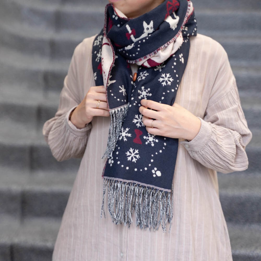 Official Studio Kikis Delivery Service Shoulder Shawl • Jacquard Stole/Scarf/Muffler with Jiji Cat - Kamaji Market