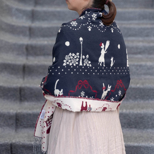 Official Studio Kikis Delivery Service Shoulder Shawl • Jacquard Stole/Scarf/Muffler with Jiji Cat - Kamaji Market