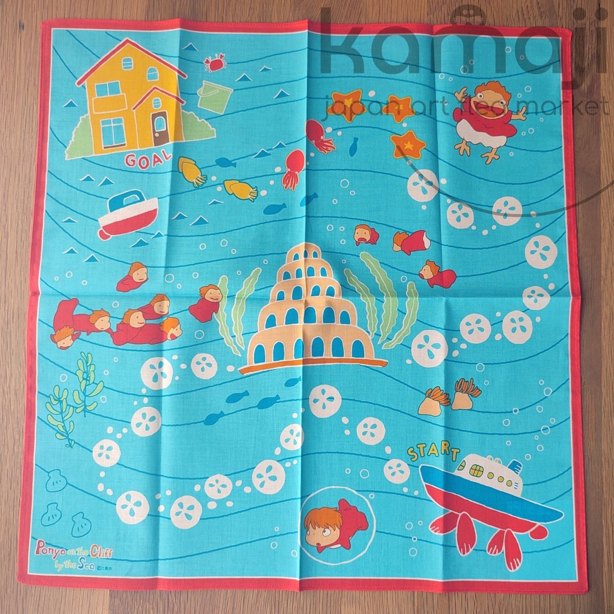 Vintage* Official Ghibli Ponyo Handkerchief/Tapestry • Ponyo on the Cliff Bandana/Neckerchief/Scarf/Wall Hanging/Interior Decor - Kamaji Market