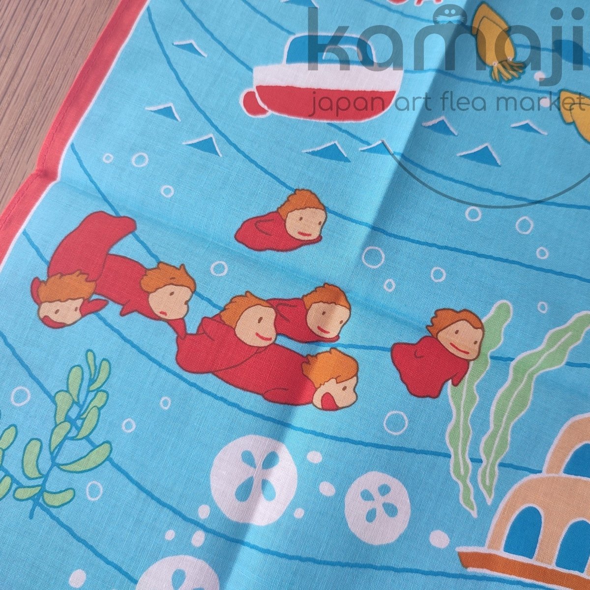Vintage* Official Ghibli Ponyo Handkerchief/Tapestry • Ponyo on the Cliff Bandana/Neckerchief/Scarf/Wall Hanging/Interior Decor - Kamaji Market